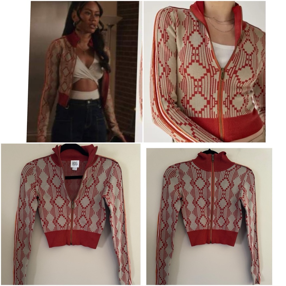 BDG Chandler Geometric Zip-up Sweater In Red Multi- Seen on TV - Women's XSmall